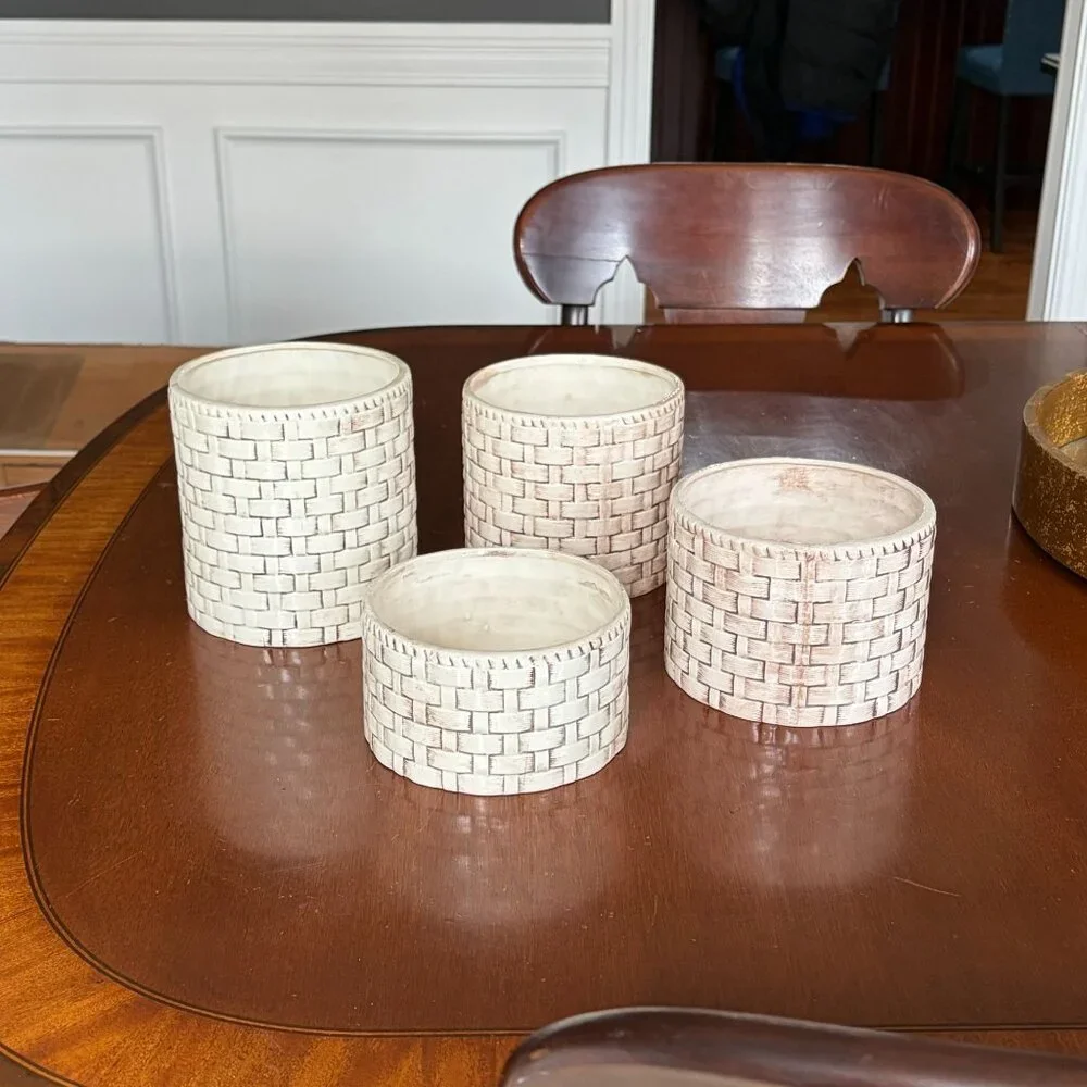 Vintage Set of 4 Faux Basket Weave Ceramic Planters Cachepots Farmhouse Rustic - Picture 8 of 11